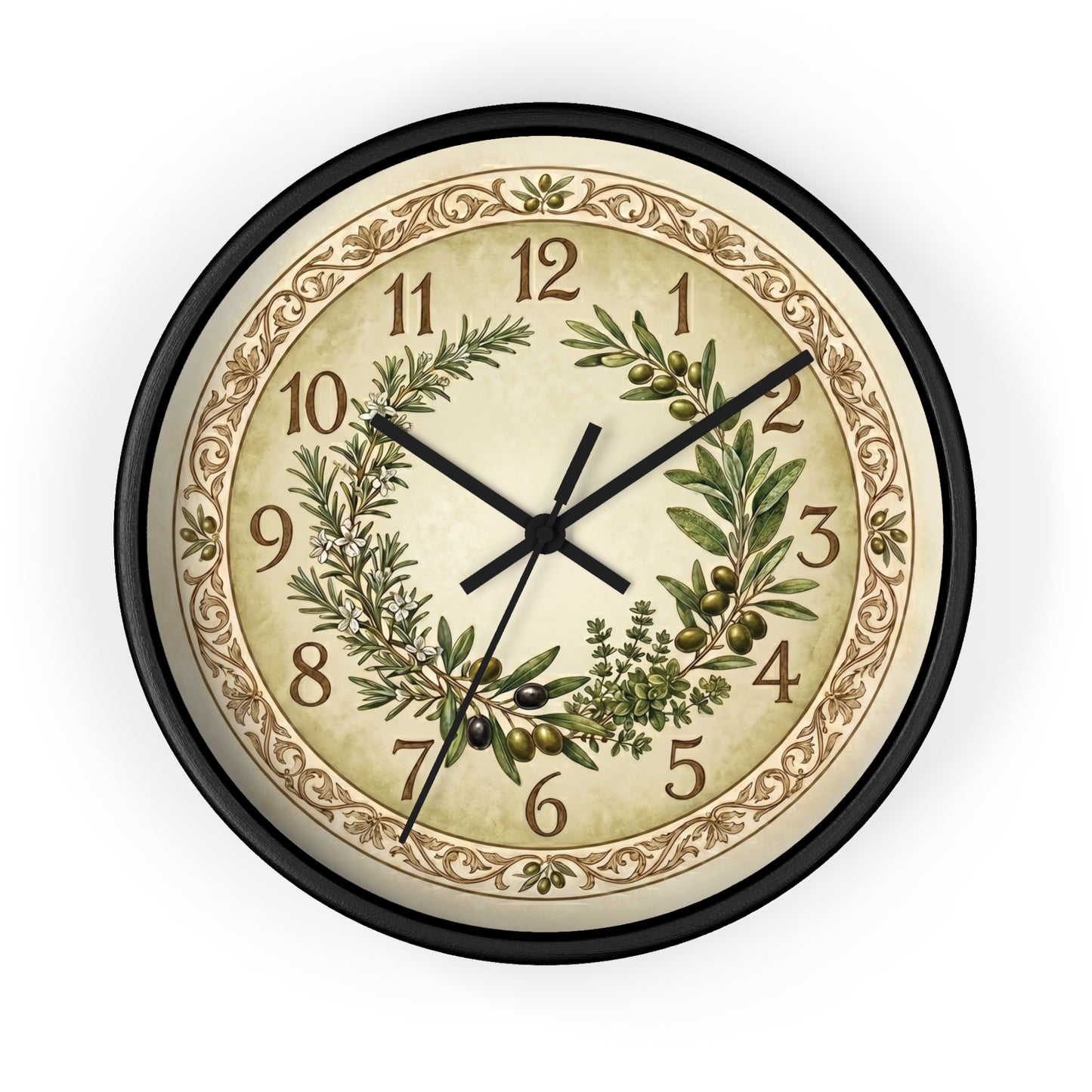 Herb Wreath Wall Clock | Olive & Rosemary Kitchen Clock, Rustic Botanical Decor