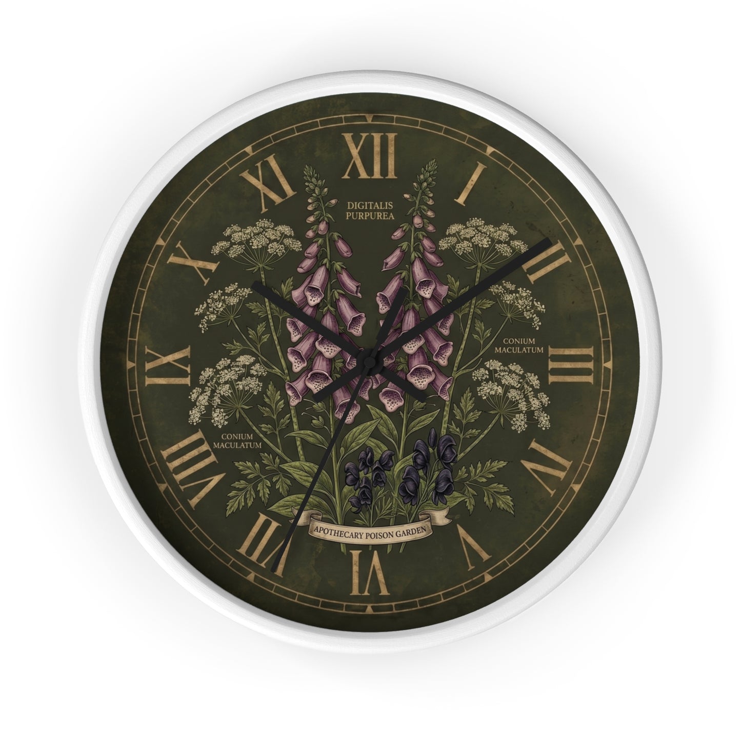Vintage Botanical Foxglove Wall Clock | Apothecary Poison Garden, Roman Numerals, Dark Green Floral