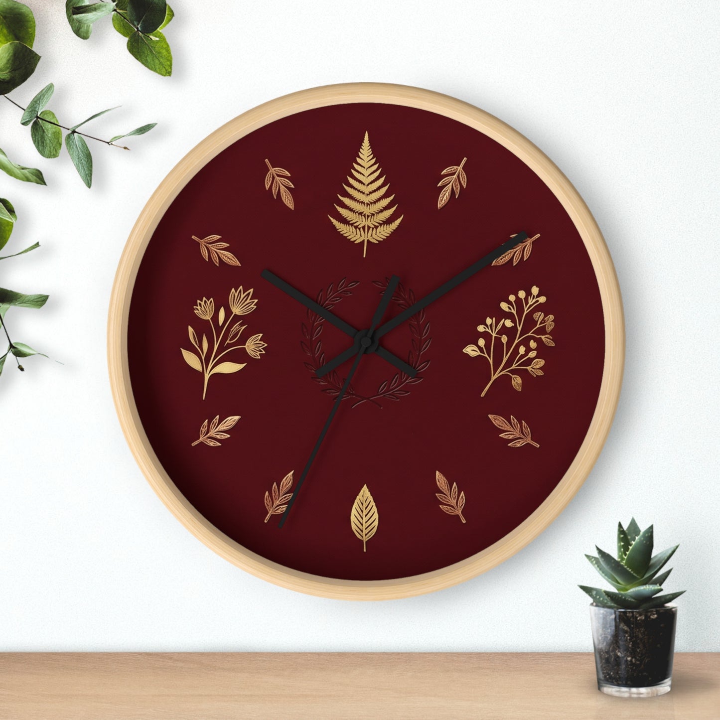 Gold Botanical Leaves Wall Clock | Maroon Floral Fern Home Decor