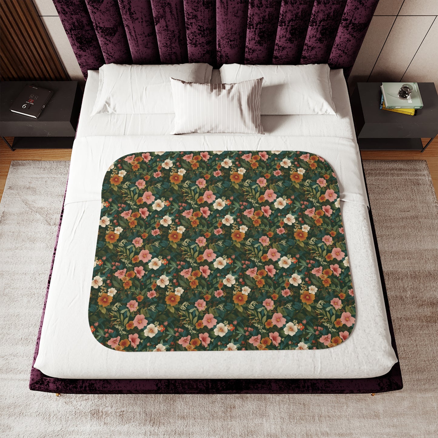 Vintage Floral Pattern Sherpa Blanket | Green, White, Orange and Pink Blossom Throw