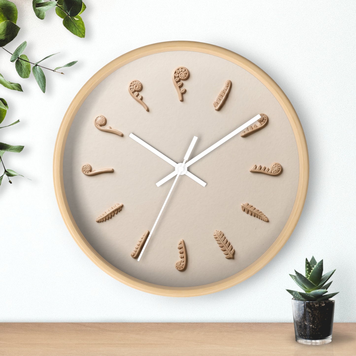 Clay Fern Motif Wall Clock | Minimal Botanical Timepiece