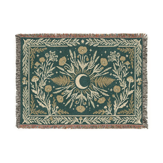 Crescent Moon Floral Woven Blanket | Boho Tapestry Throw
