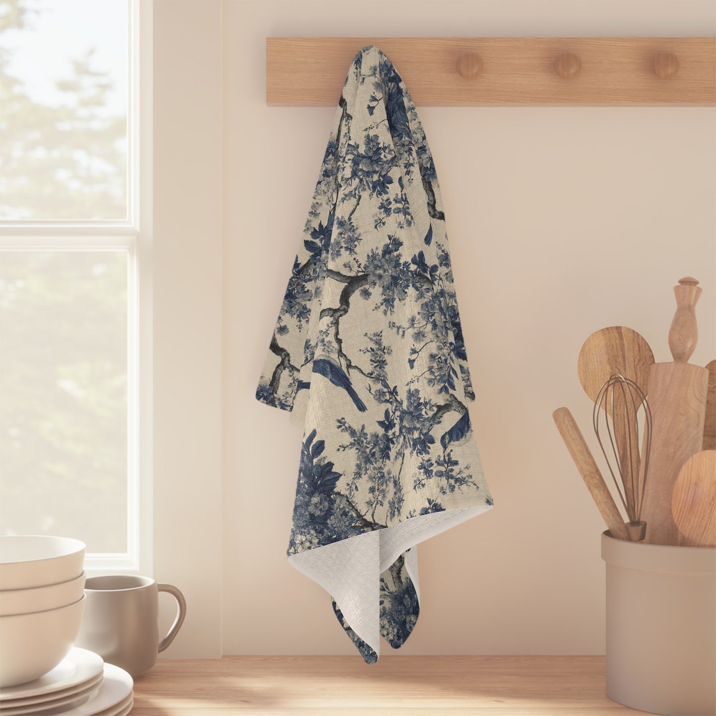 Blue Toile de Jouy Bird Pattern Tea Towel | Vintage Floral Tree Kitchen Towel