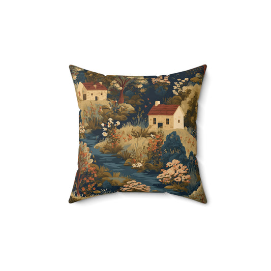 Cottagecore Landscape Pillow | Scenic Houses River Floral Throw Pillow
