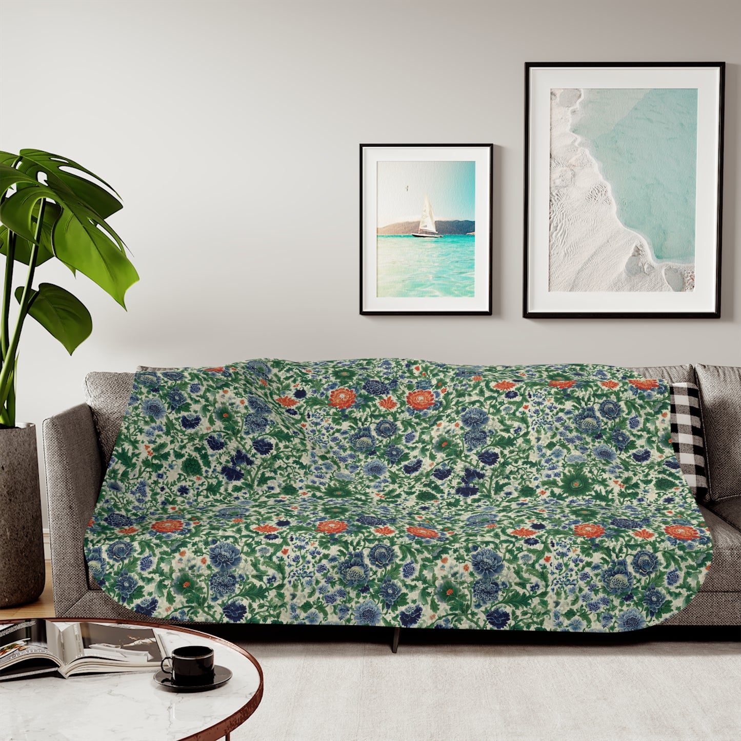 Floral Botanical Pattern Sherpa Blanket | Green Orange Vintage Garden