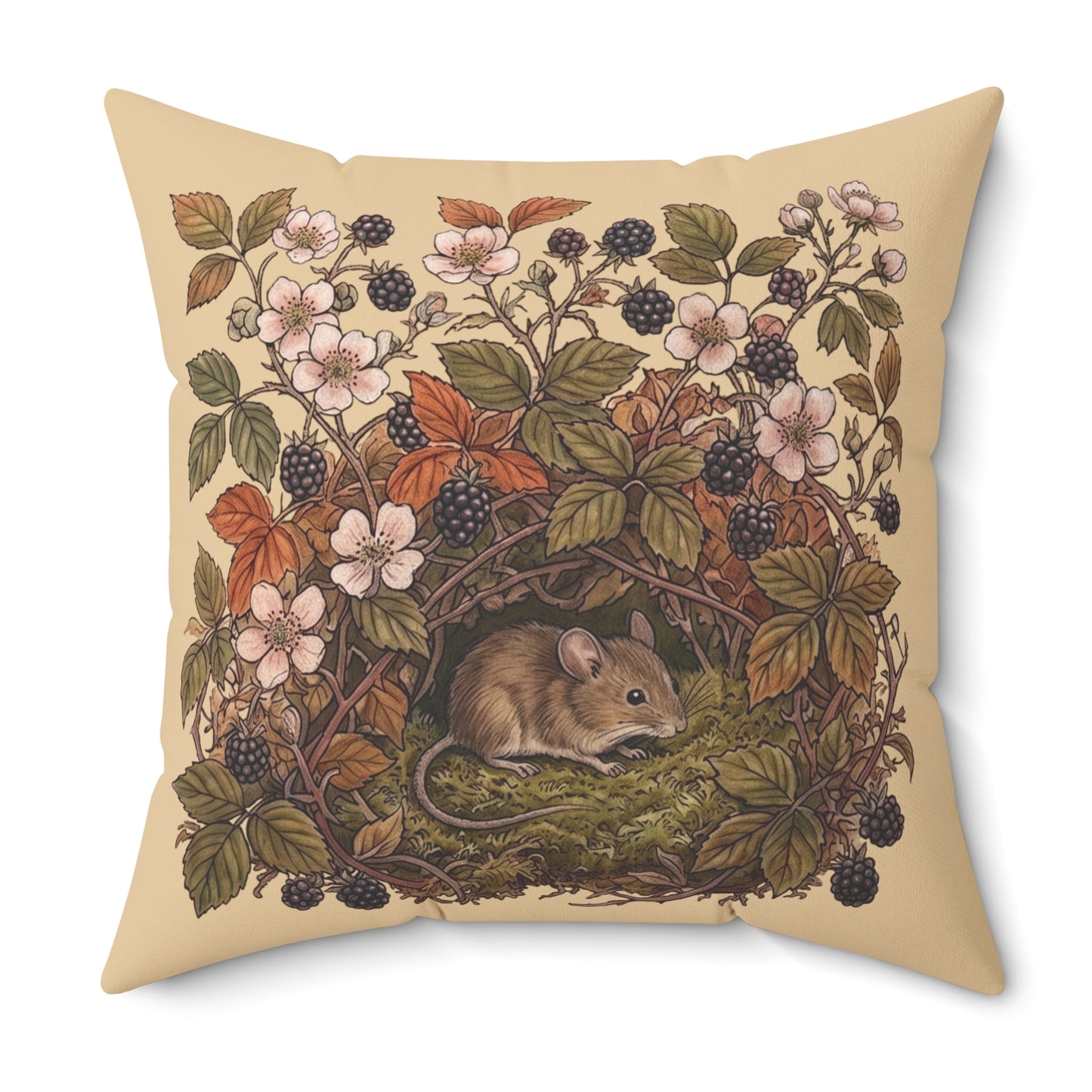 Woodland Mouse Nest Pillow | Vintage Botanical Brambles Illustration