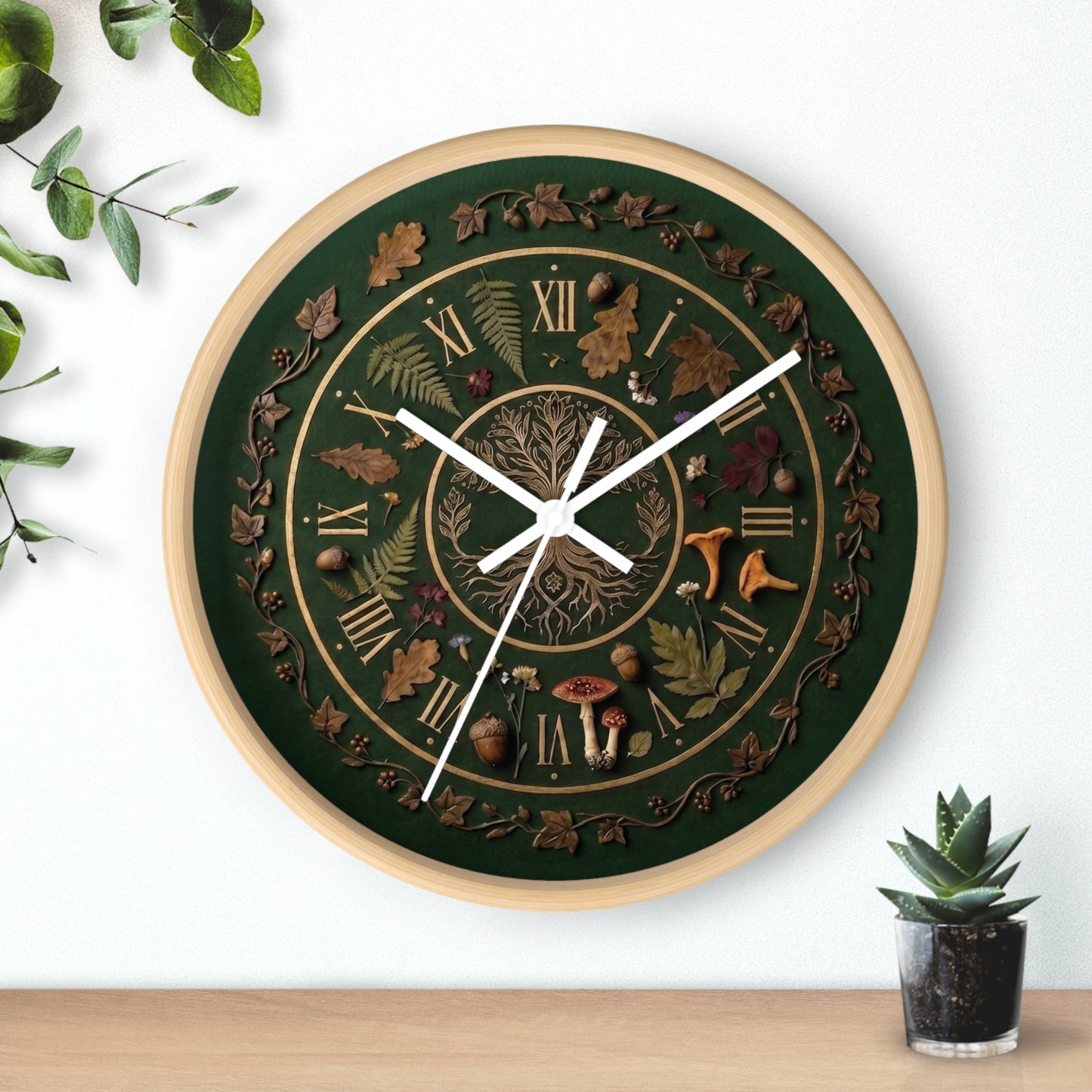Woodland Tree of Life wall clock | Botanical, mushrooms, fern, roman numerals | Realistic Illustration | Witchy Nature