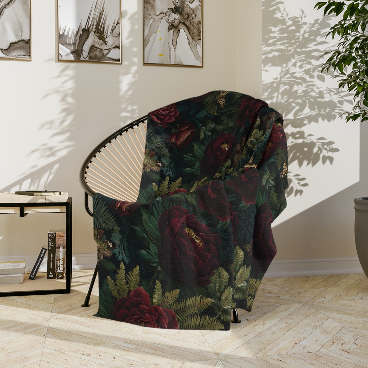 Dark Red Rose Floral Blanket | Vintage Botanical Pattern