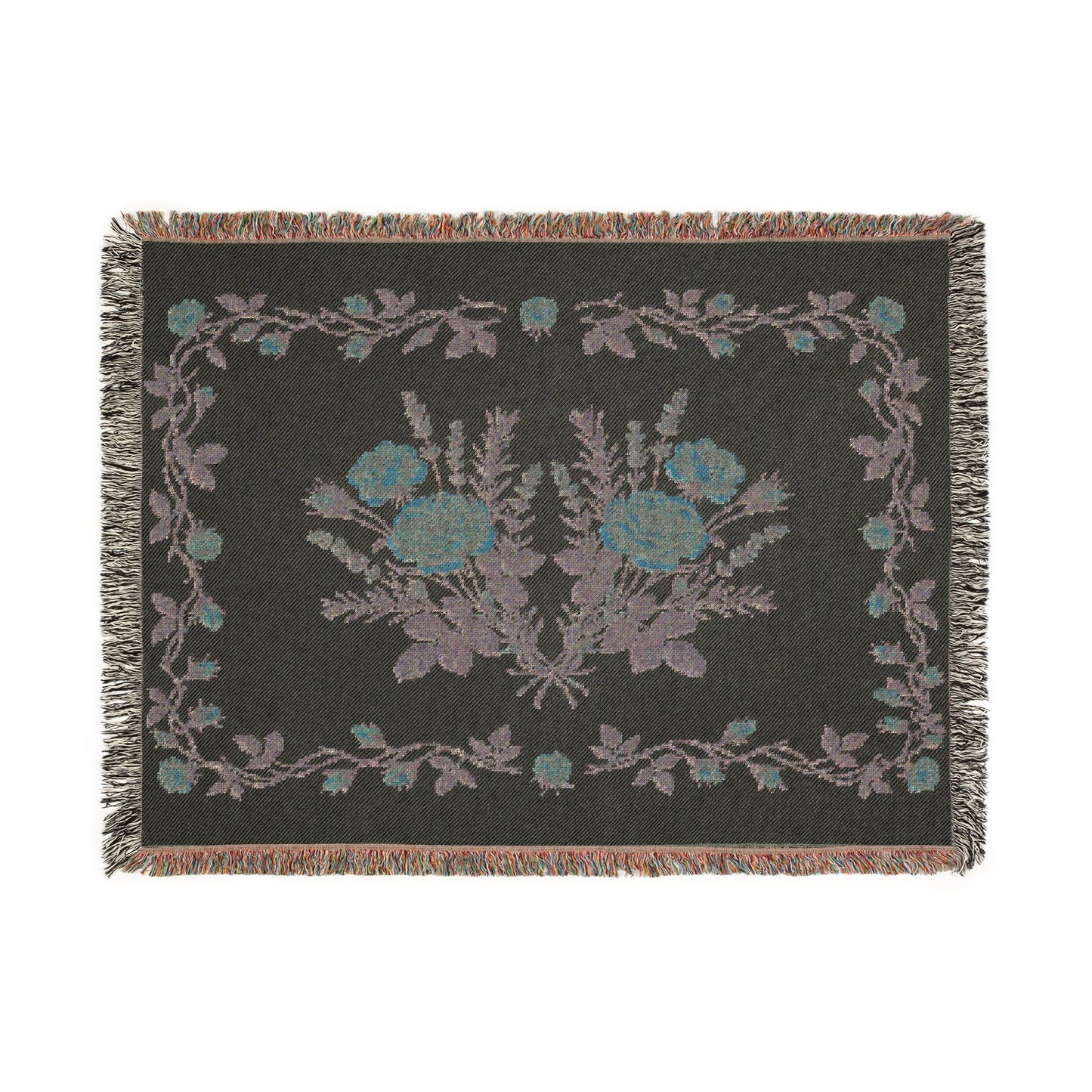 Vintage Rose Lavender Floral Woven Blanket | Tapestry Throw, Floral Fringe