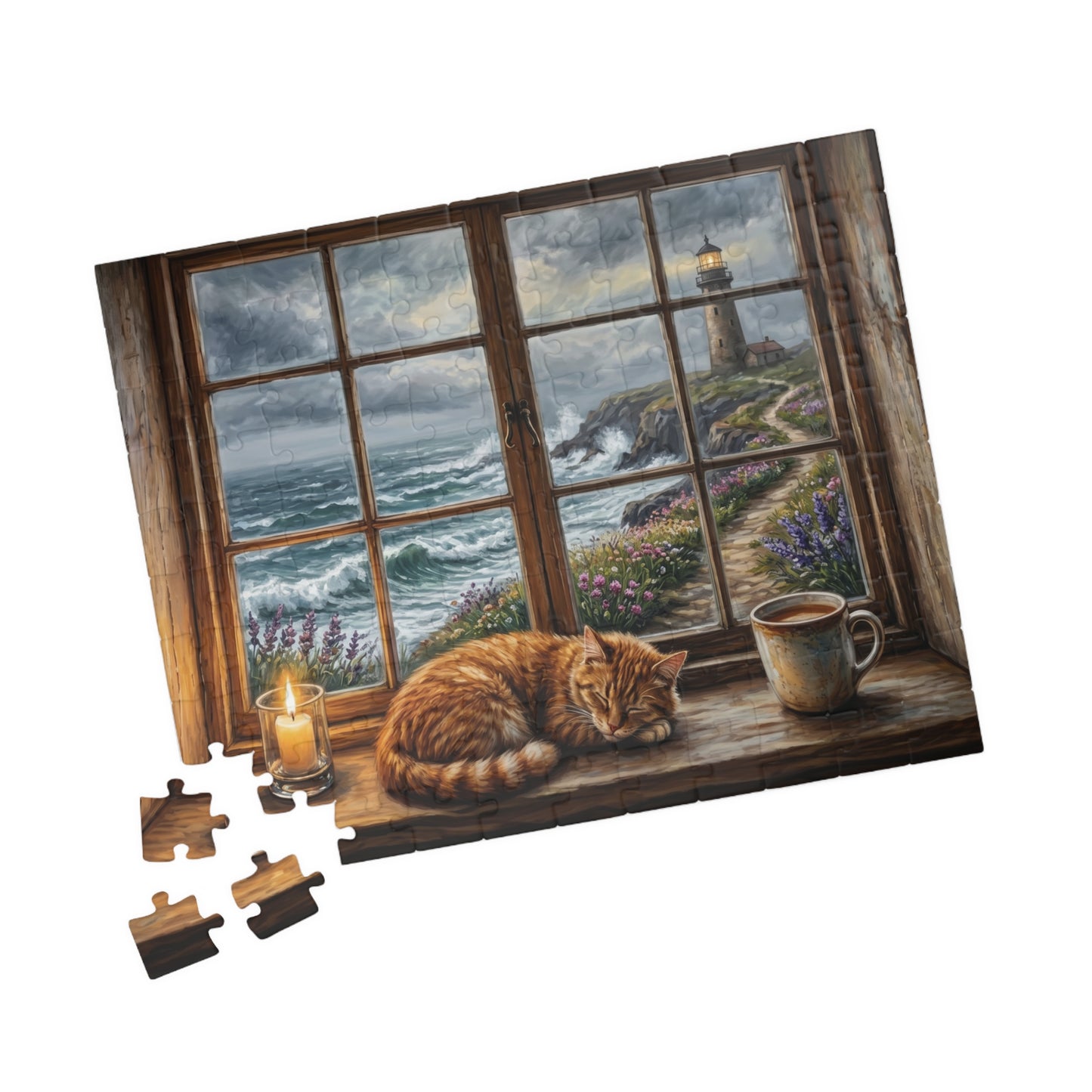 Cozy Cat Lighthouse Window Puzzle | Seaside Evening, Stormy Coastline, Scene