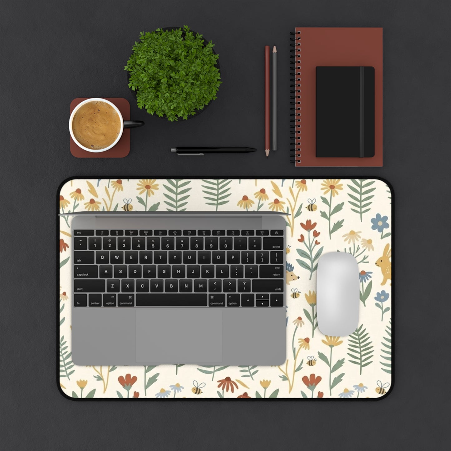 Woodland Rabbits and Hedgehogs Desk Mat | Floral Forest Mousepad