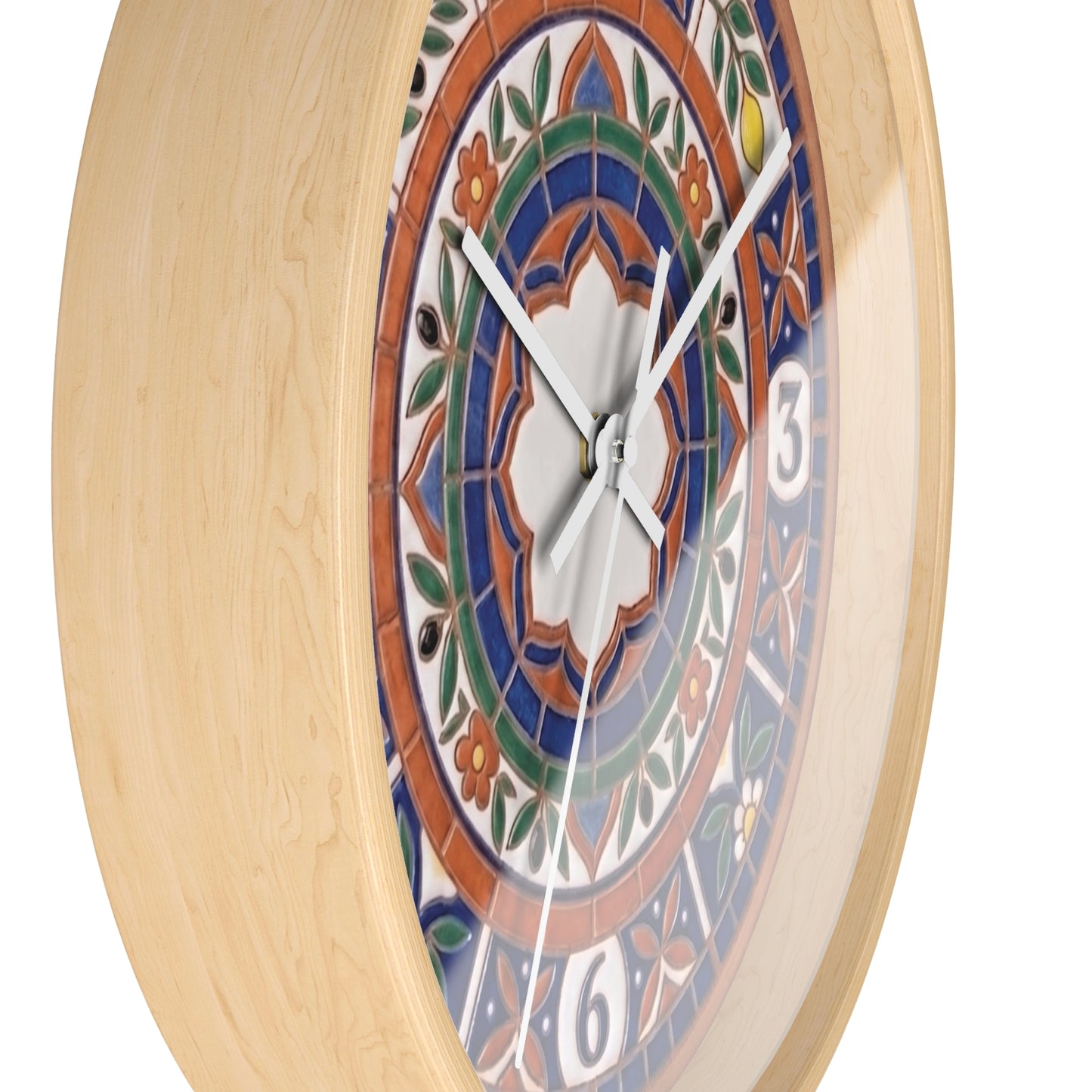 Mediterranean Mosaic Style Wall Clock - Terracotta Azure Blue Floral Faux Tile Botanical Decor