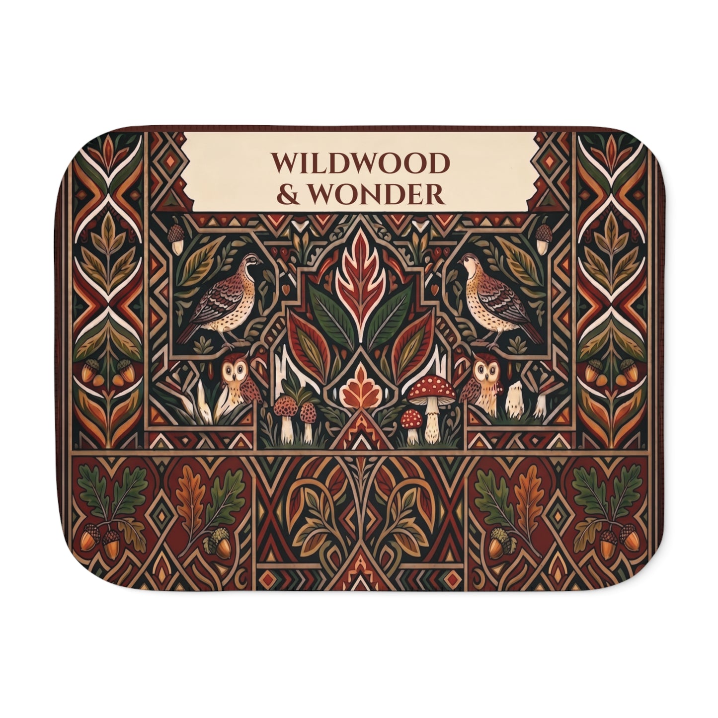 Autumn Bird and Botanical Pattern Sherpa Blanket, Personalized Text