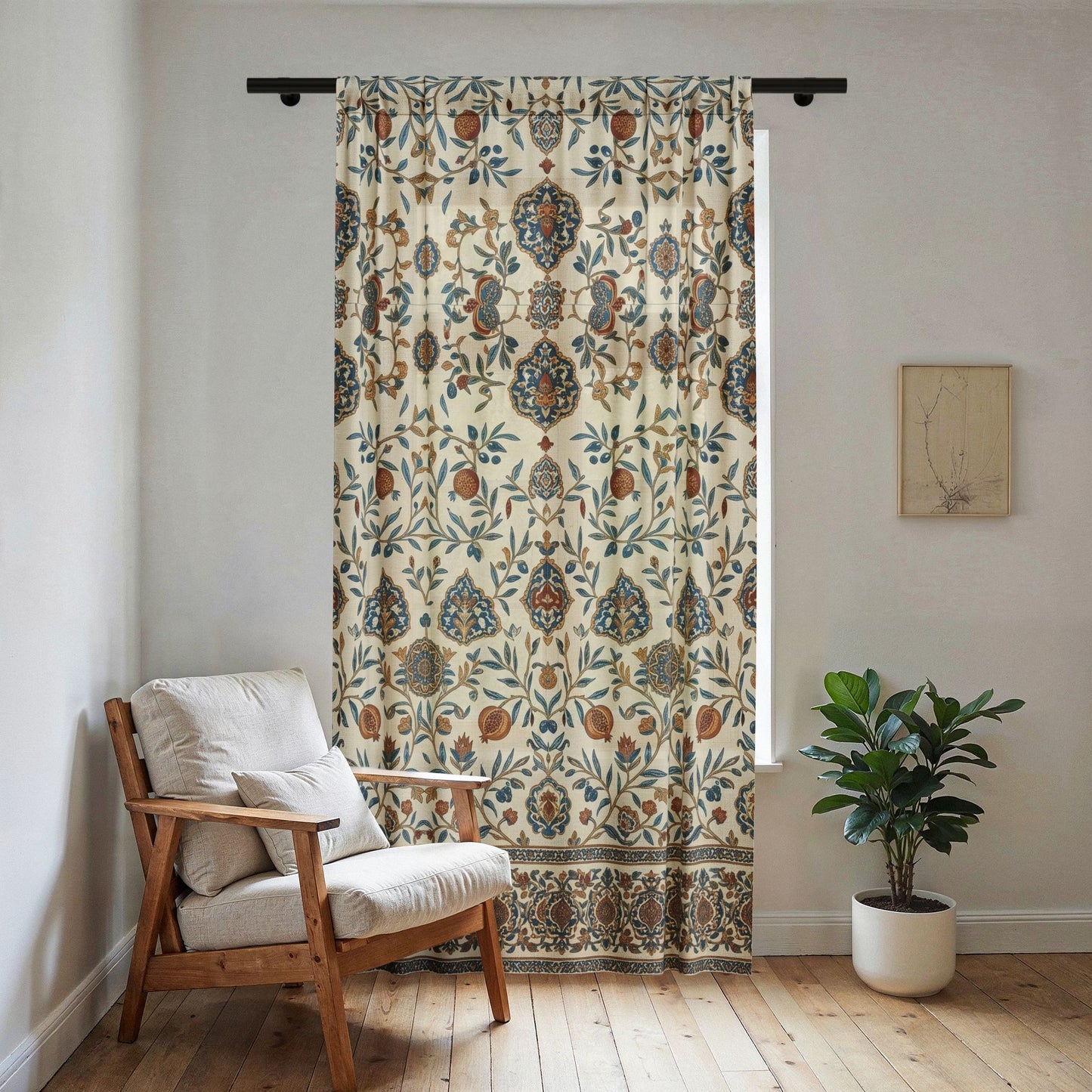 Vintage Floral Damask Sheer Window Curtain | Boho Botanical Panel