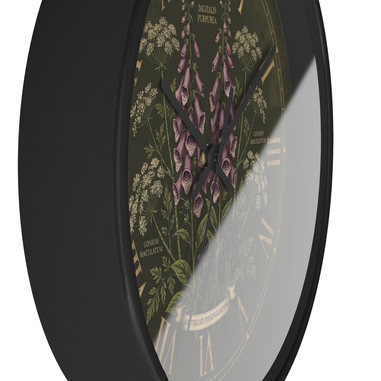 Vintage Botanical Foxglove Wall Clock | Apothecary Poison Garden, Roman Numerals, Dark Green Floral