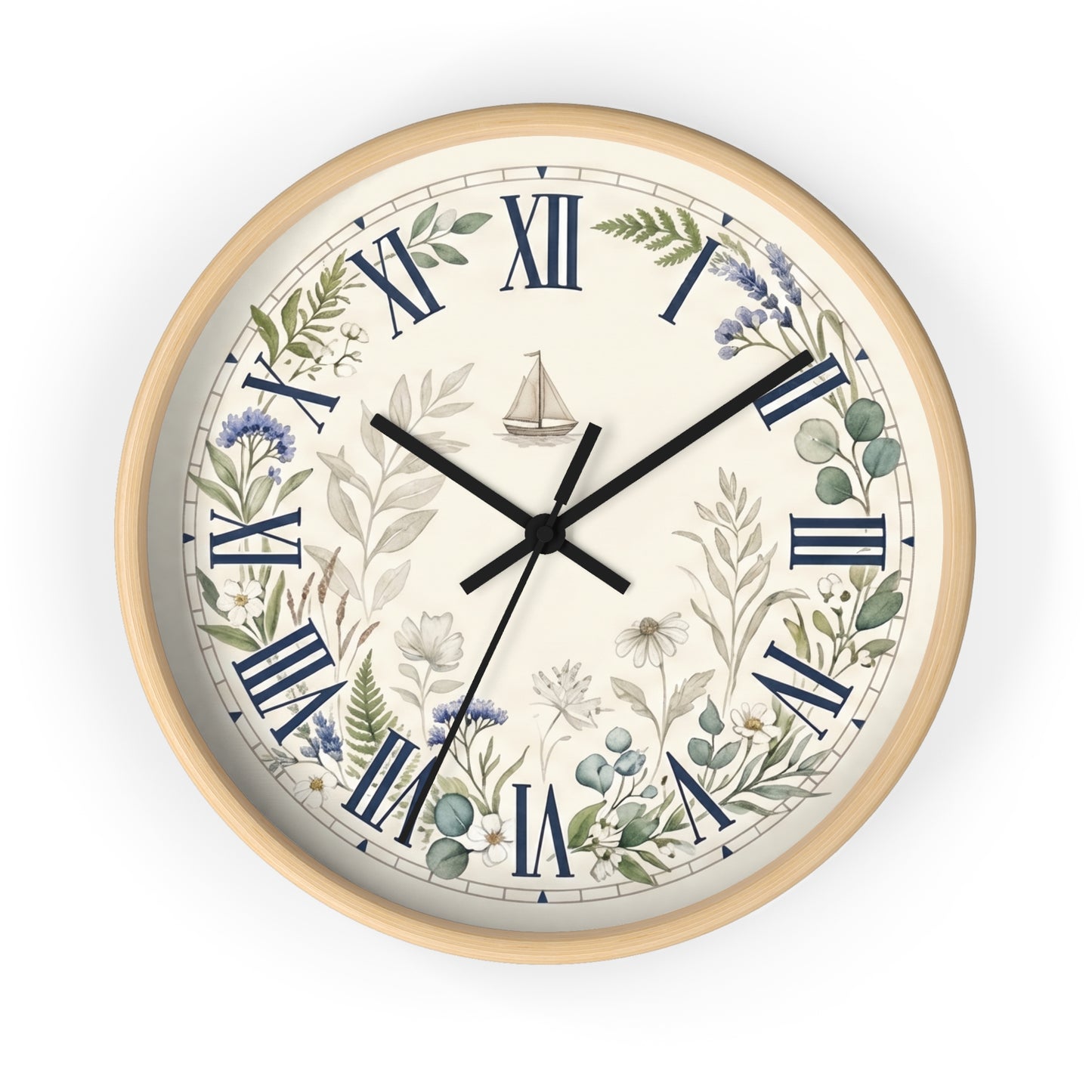 Nautical Floral Roman Numeral Wall Clock | Coastal and Greenery