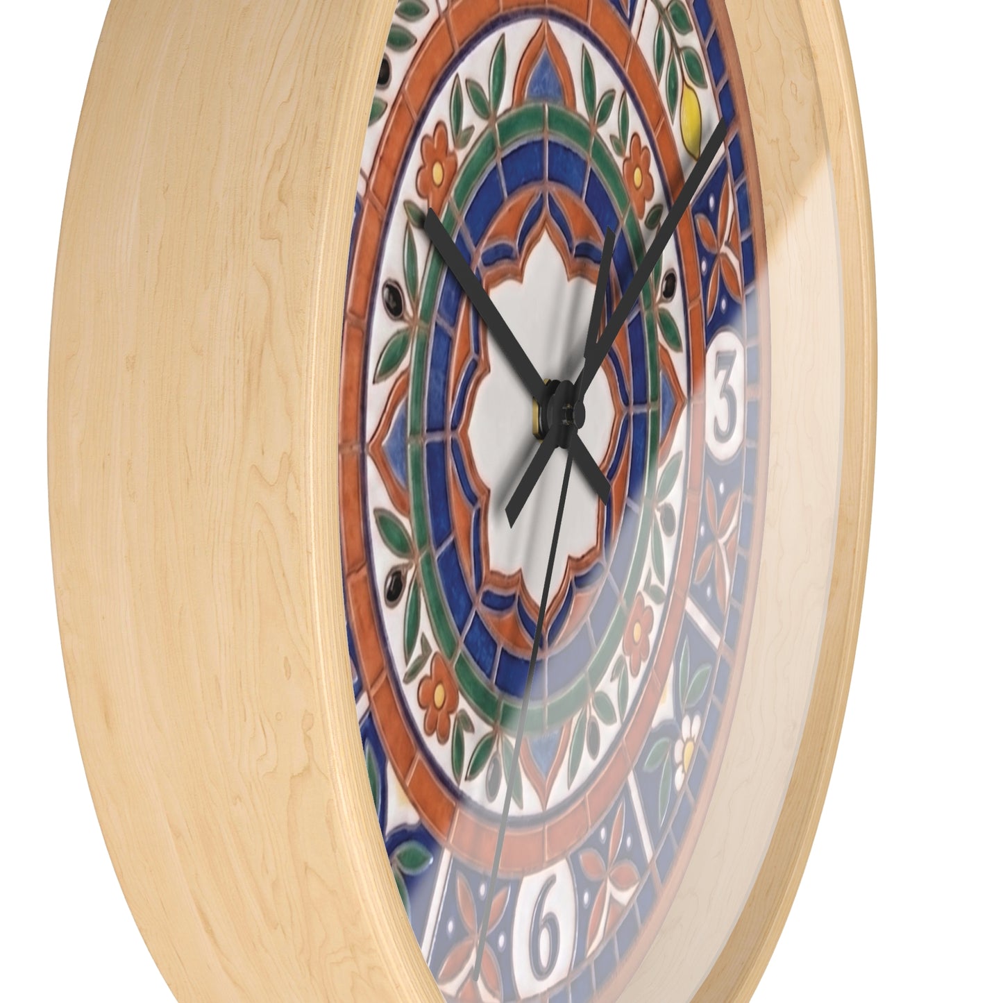 Mediterranean Mosaic Style Wall Clock - Terracotta Azure Blue Floral Faux Tile Botanical Decor