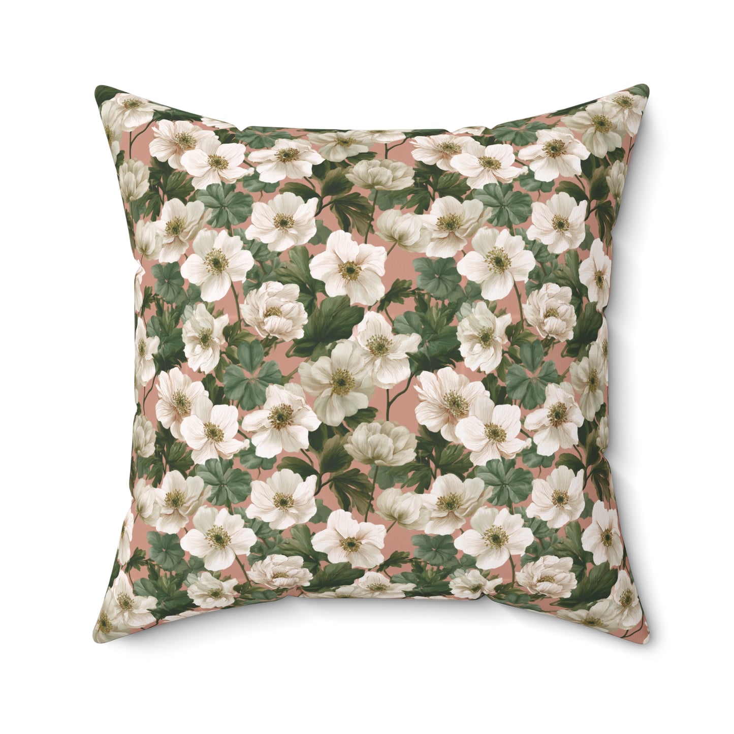 Vintage Floral Pattern Pillow | Square Throw Pillow, Botanical White Anemone Flowers Design
