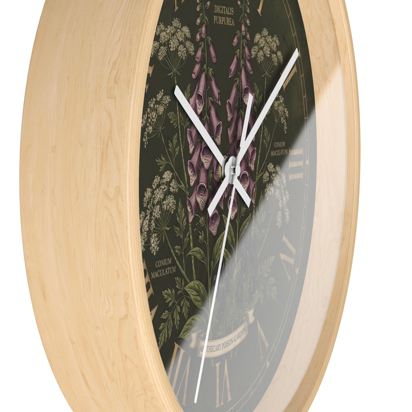 Vintage Botanical Foxglove Wall Clock | Apothecary Poison Garden, Roman Numerals, Dark Green Floral
