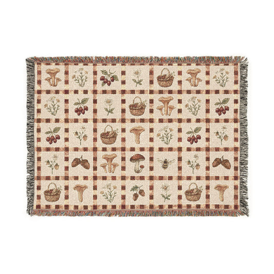 Cottagecore Woven Throw Blanket | Mushroom Botanical Gingham Decor, Cozy Cabin Blanket