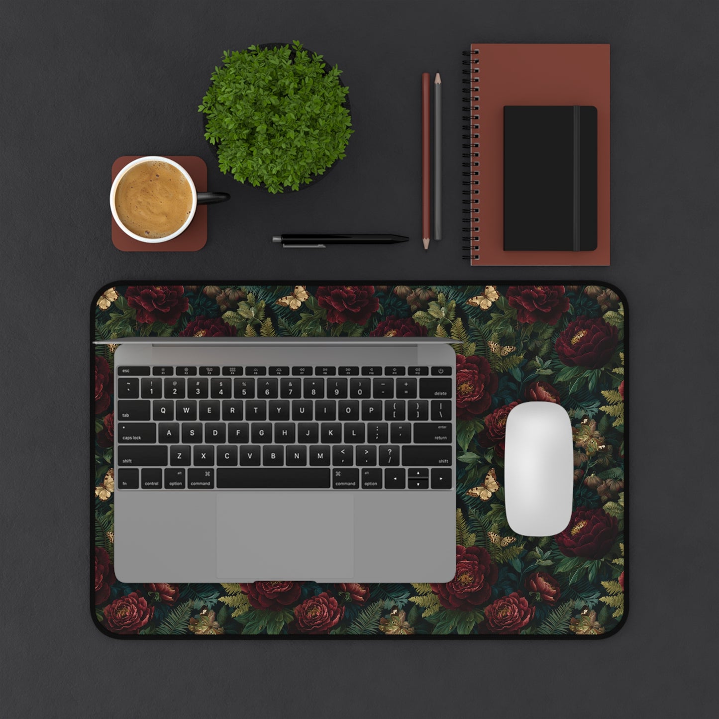 Dark Vintage Rose Desk Mat | Floral Pattern Mouse Pad, Victorian Botanical