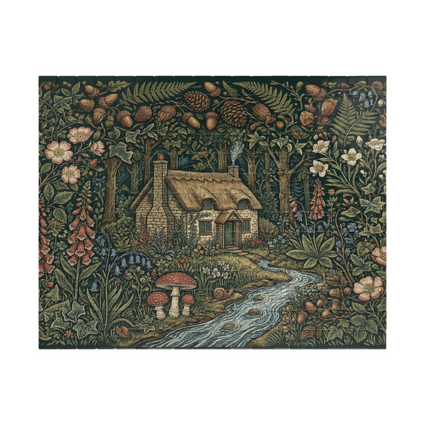 Cottage in Enchanted Forest Puzzle | 110, 252, 520, or 1014 Piece Woodland River Illustration