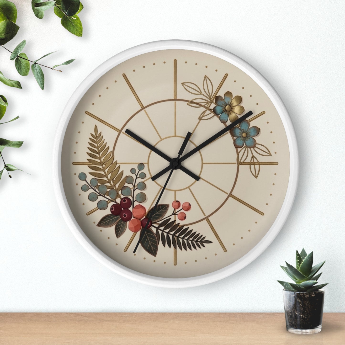 Botanical Floral Clock Wall Clock | Neutral Beige Flower Fern Design