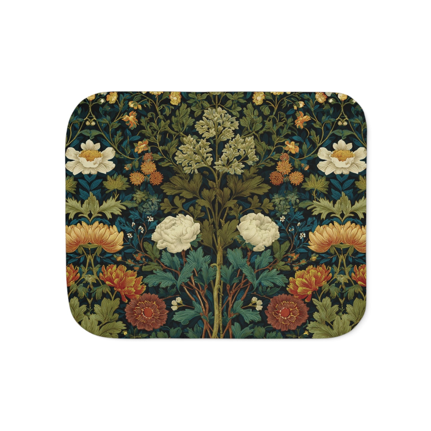 William Morris Style Floral Pattern Sherpa Blanket | Vintage Botanical Throw