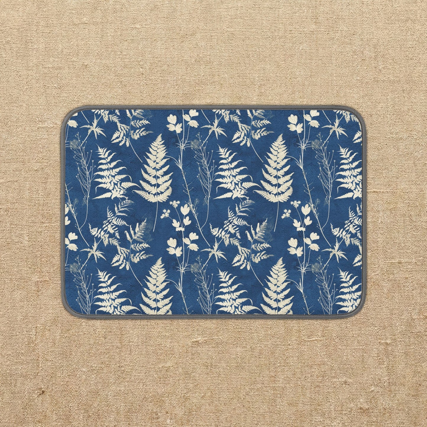 White Ferns on Navy Botanical Microfiber Kitchen Dish Mat | Floral Dish Mat