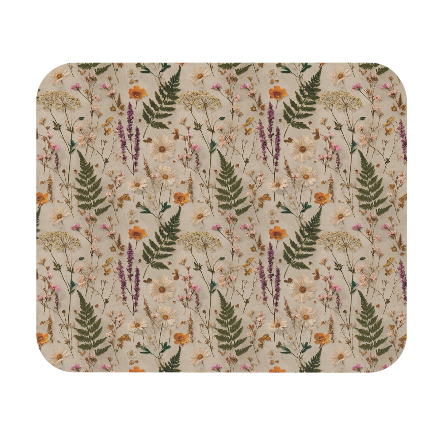 Wildflower & Fern Illustrated Pressed Pattern Mouse Pad | Botanical Floral Desk Mat