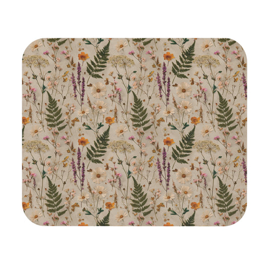 Wildflower & Fern Illustrated Pressed Pattern Mouse Pad | Botanical Floral Desk Mat