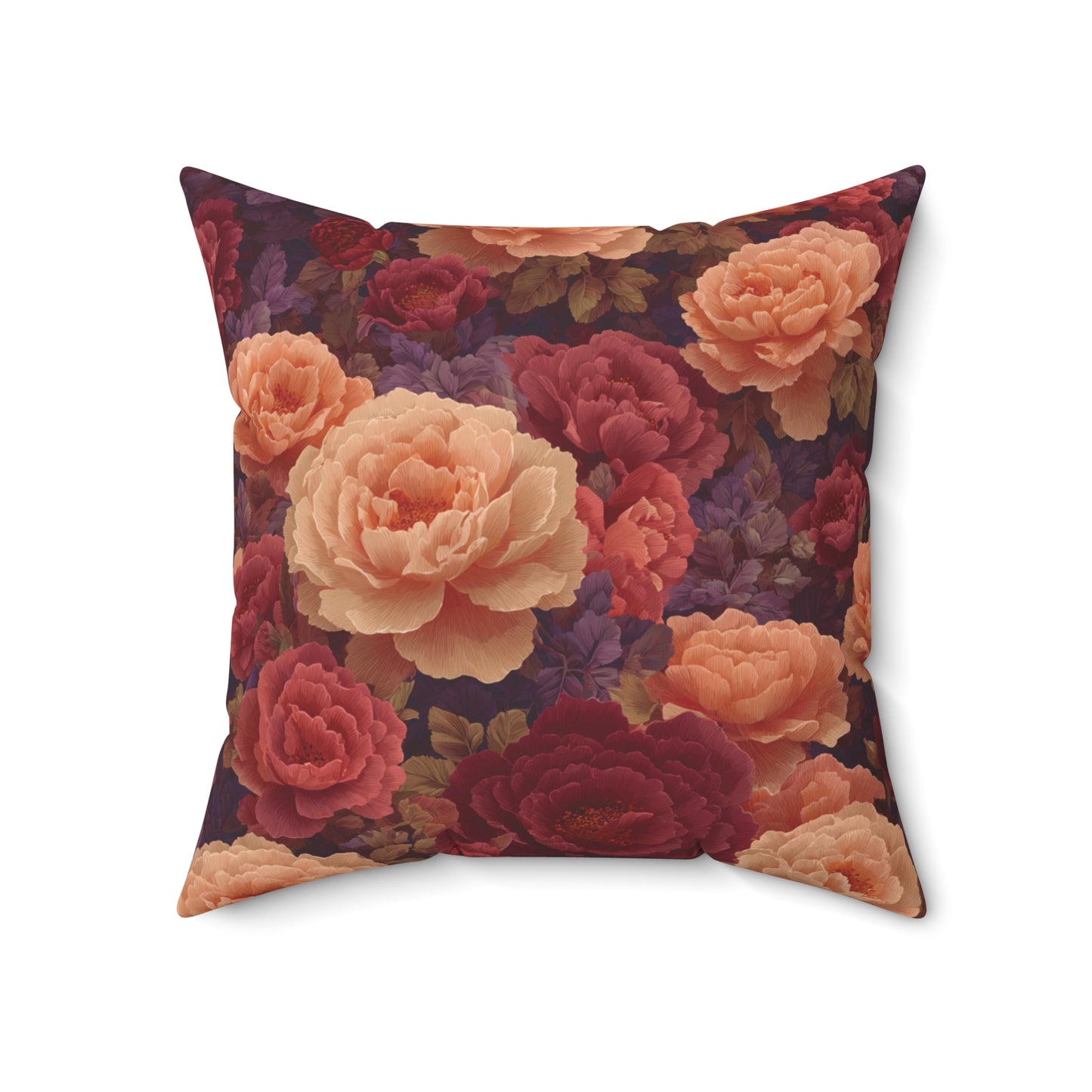 Vintage Rose Floral Pillow | Dark Burgundy Peach Garden Cushion