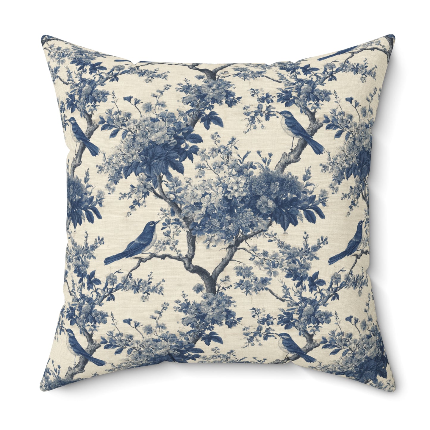 Blue Toile de Jouy Bird Pattern Pillow | Decorative Square Pillow