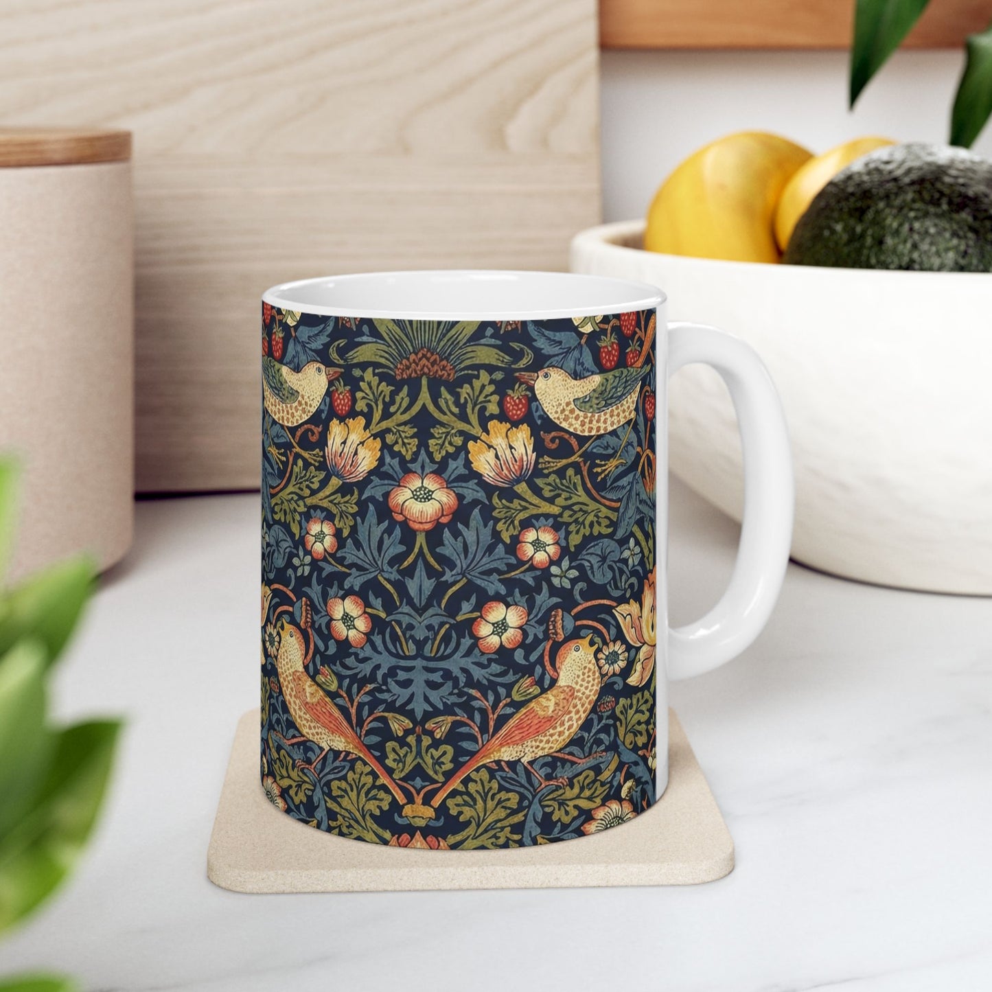 William Morris Style Strawberry Thief Pattern Mug | Bird Floral Ceramic Mug