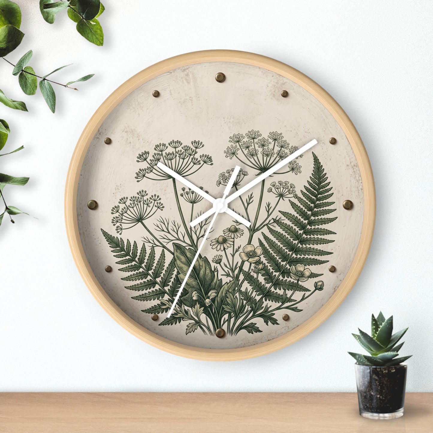 Vintage Botanical Fern Art Wall Clock | Herb Illustration Clock