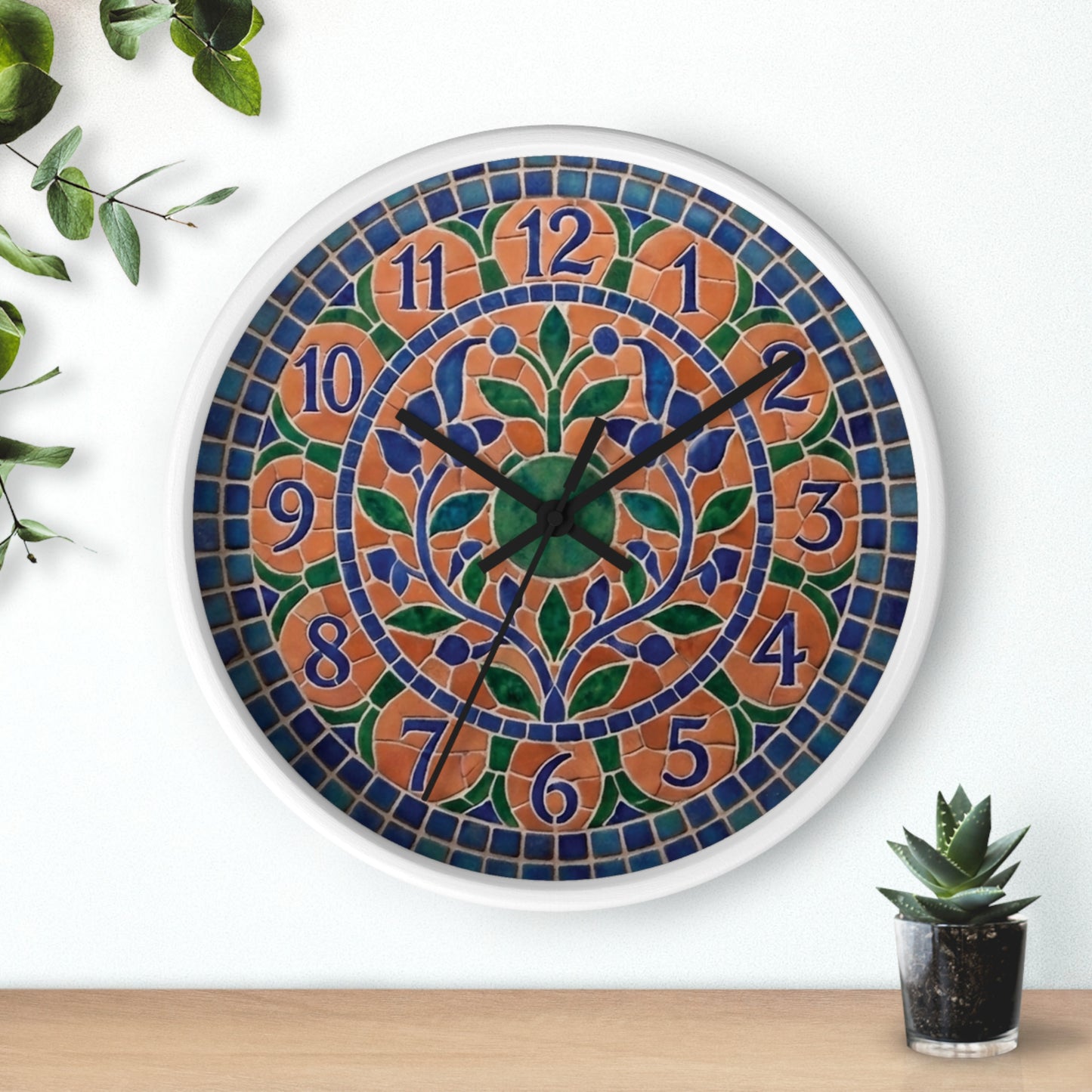 Mosaic Style Wall Clock - Terracotta Azure Blue Floral Print, Mediterranean Botany Decor