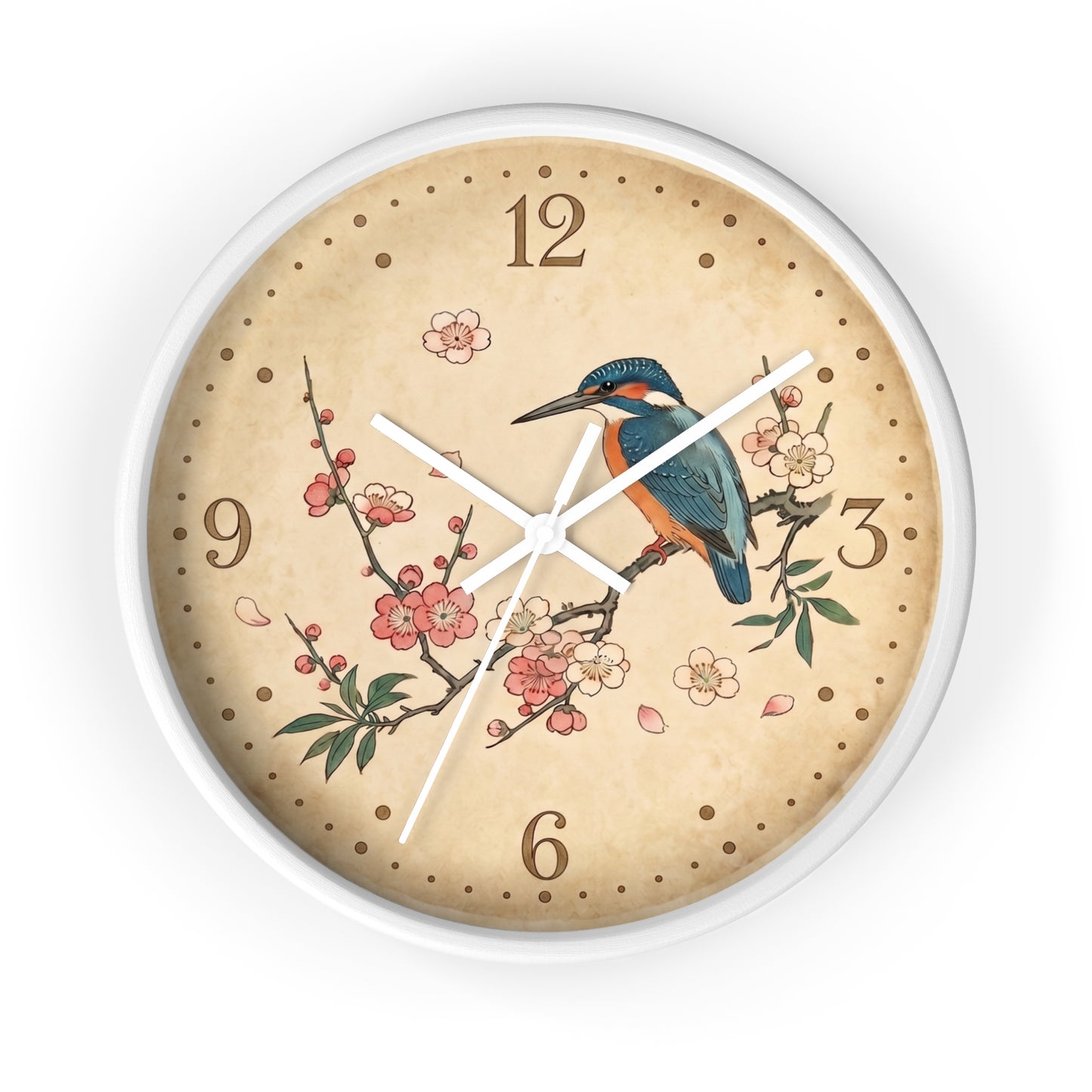 Kingfisher on Cherry Blossom Wall Clock | Kacho-ga Vintage Japanese Bird Floral Clock
