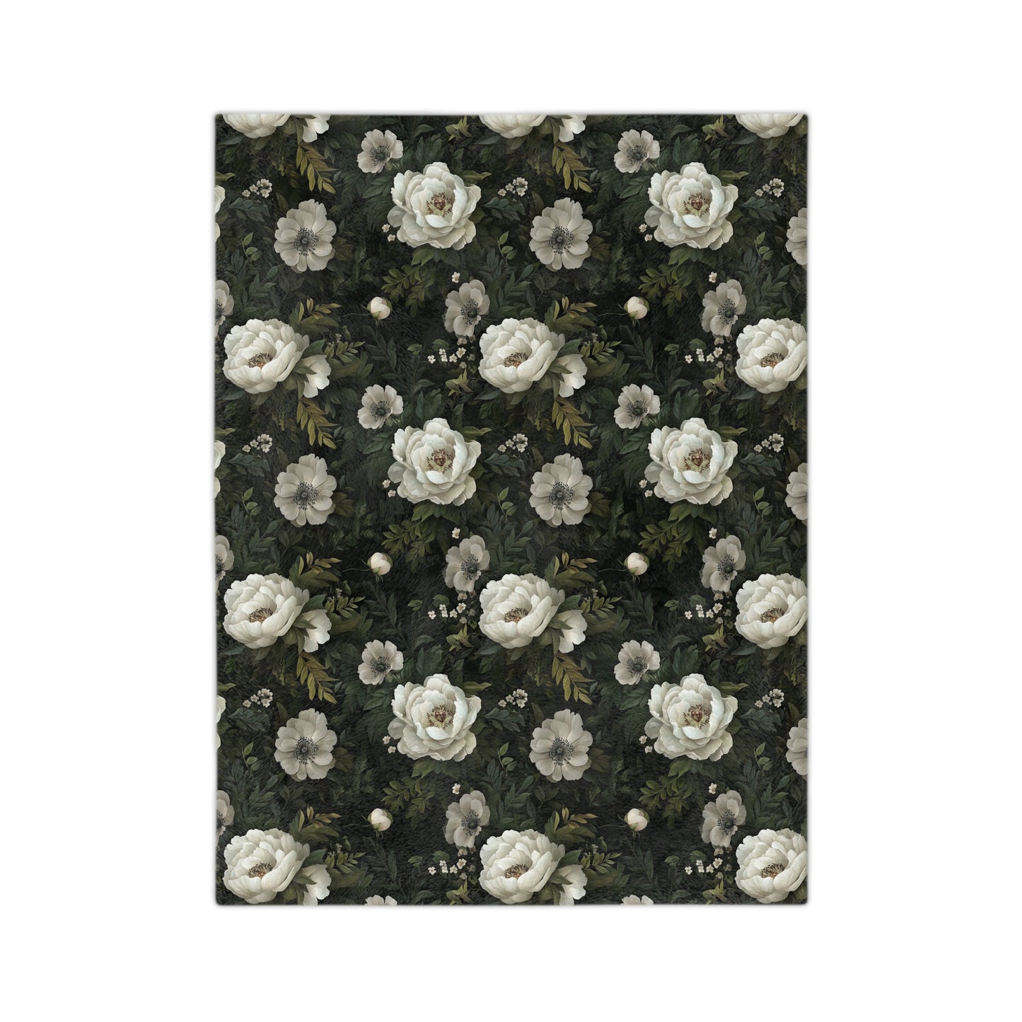 Vintage White Rose Floral Velveteen Microfiber Blanket | Dark Botanical Pattern