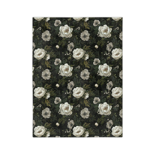 Vintage White Rose Floral Velveteen Microfiber Blanket | Dark Botanical Pattern