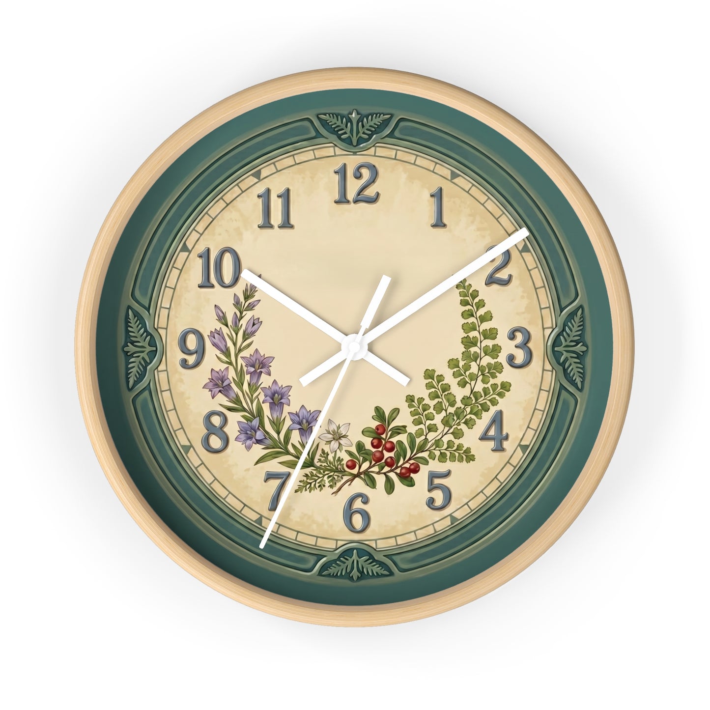 Coastal Turquoise Botanical Wall Clock | Lavender, Fern & Berries Clock