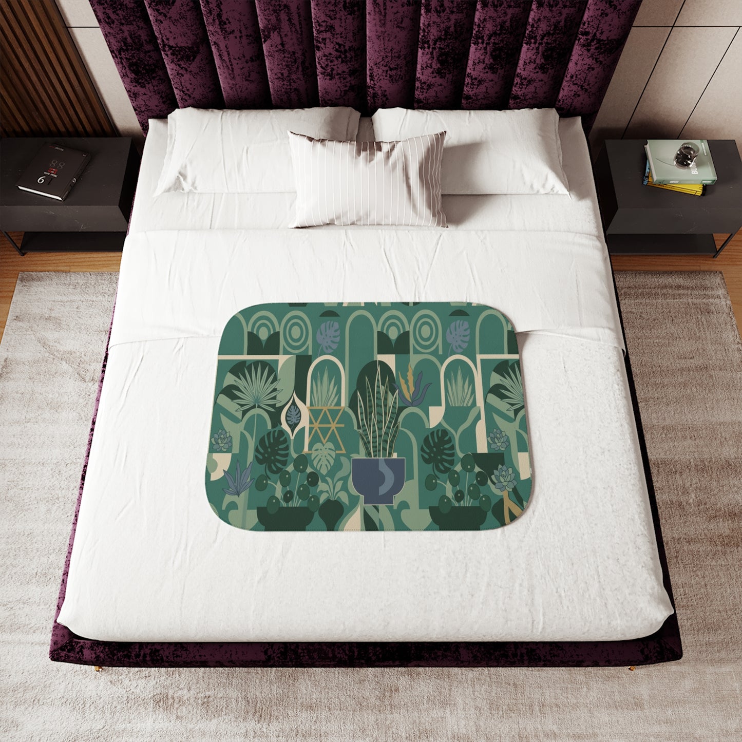 Indoor Plant Pattern Sherpa Blanket | Green Botanical Houseplant Design