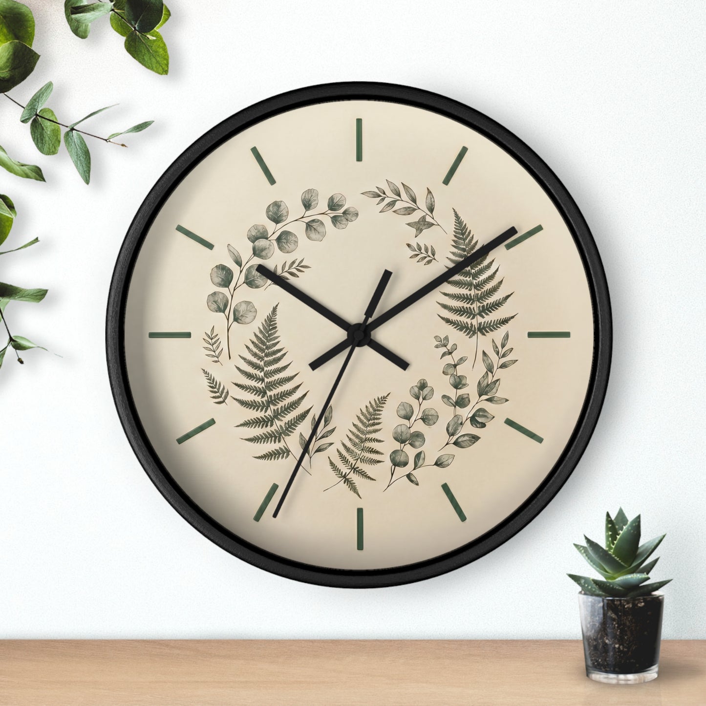 Botanical Fern Wreath Wall Clock | Neutral Eucalyptus Timepiece