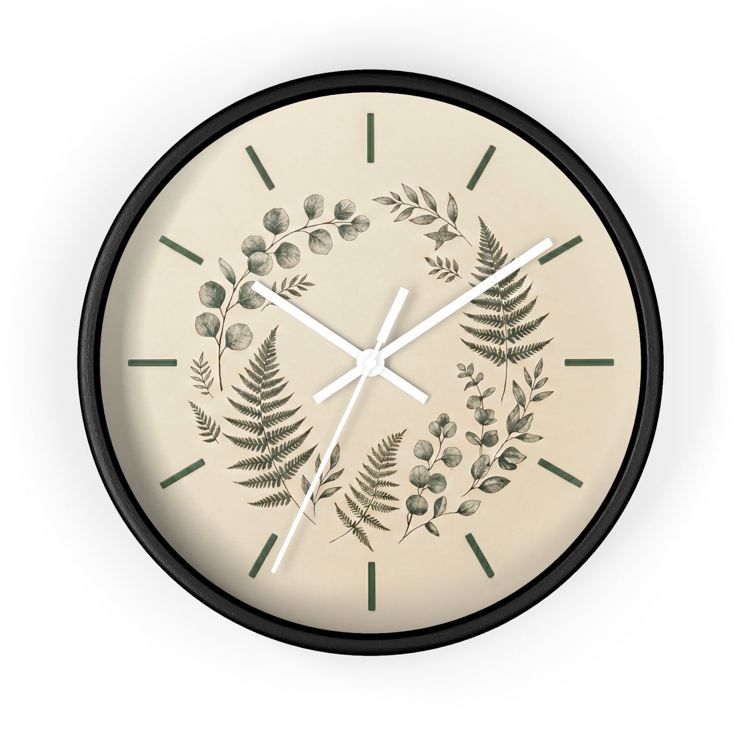 Botanical Fern Wreath Wall Clock | Neutral Eucalyptus Timepiece