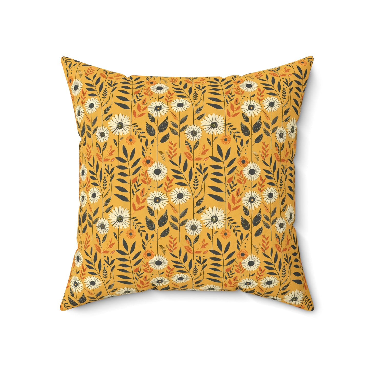 Yellow Floral Pattern Pillow | Daisies and Leaves Square Pillow
