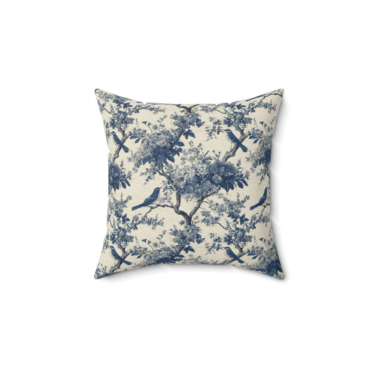 Blue Toile de Jouy Bird Pattern Pillow | Decorative Square Pillow