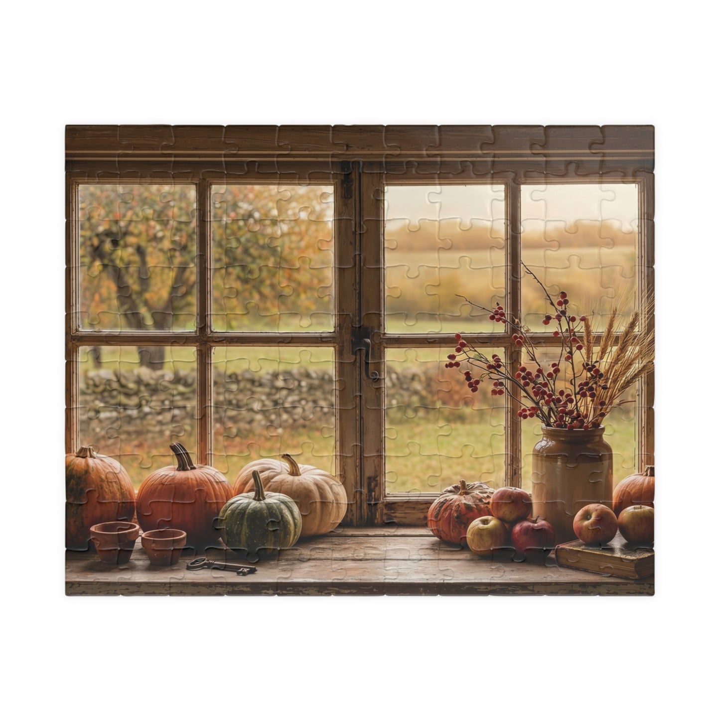 Autumn Harvest Window Puzzle 110, 252, 520, or 1014 Pieces | Fall Pumpkins Apples Still Life