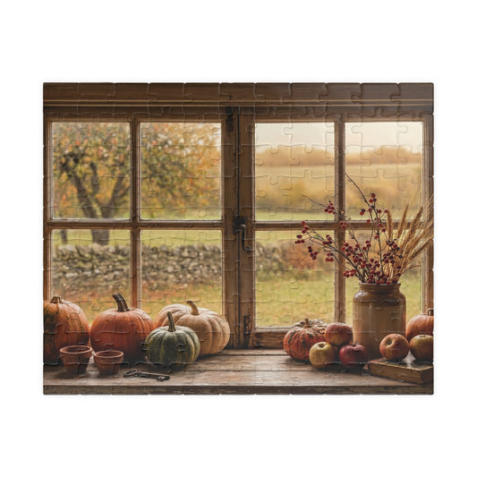 Autumn Harvest Window Puzzle 110, 252, 520, or 1014 Pieces | Fall Pumpkins Apples Still Life