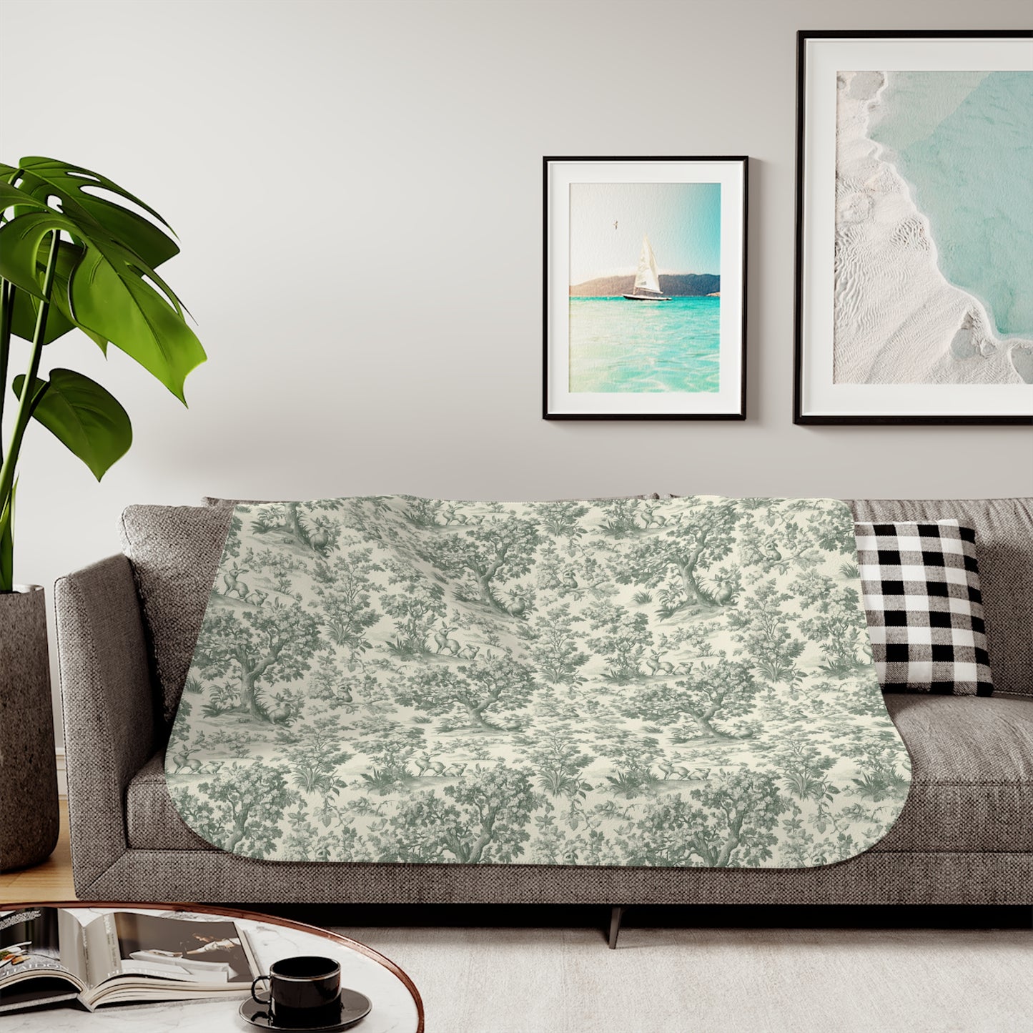 Toile de Jouy Cottage Pattern Sherpa Blanket | Vintage Scenic Toile, Cozy Throw