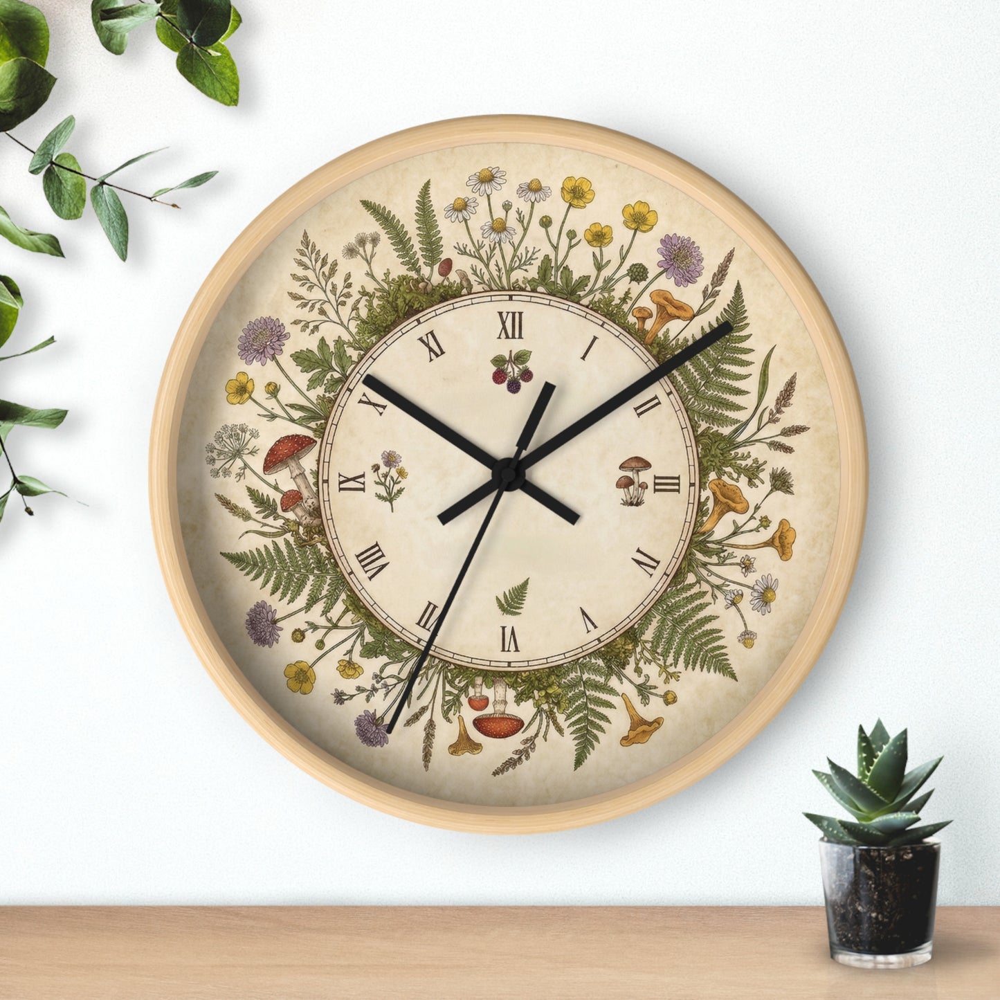 Vintage Botanical Wreath Wall Clock | Floral Ferns, Mushrooms, Roman Numerals
