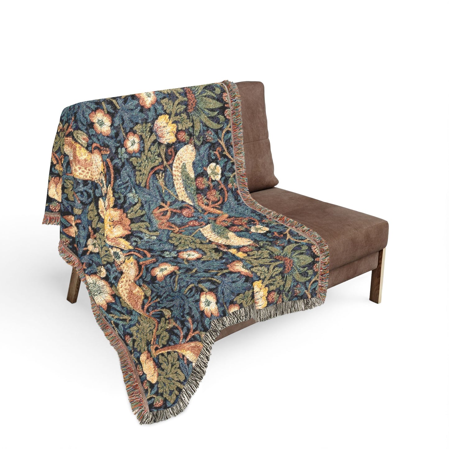 William Morris Style Bird and Floral Woven Blanket | Tapestry Throw